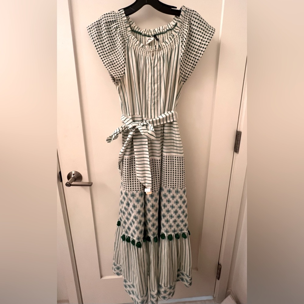 Akemi + Kin Anthropologie tiered maxi with embroidery and pompom fringe